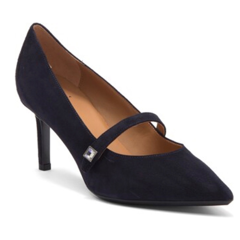 Aquatalia Marianna Blue Suede Rhinestone Mary Jane Pointed Toe Pump Size 12
